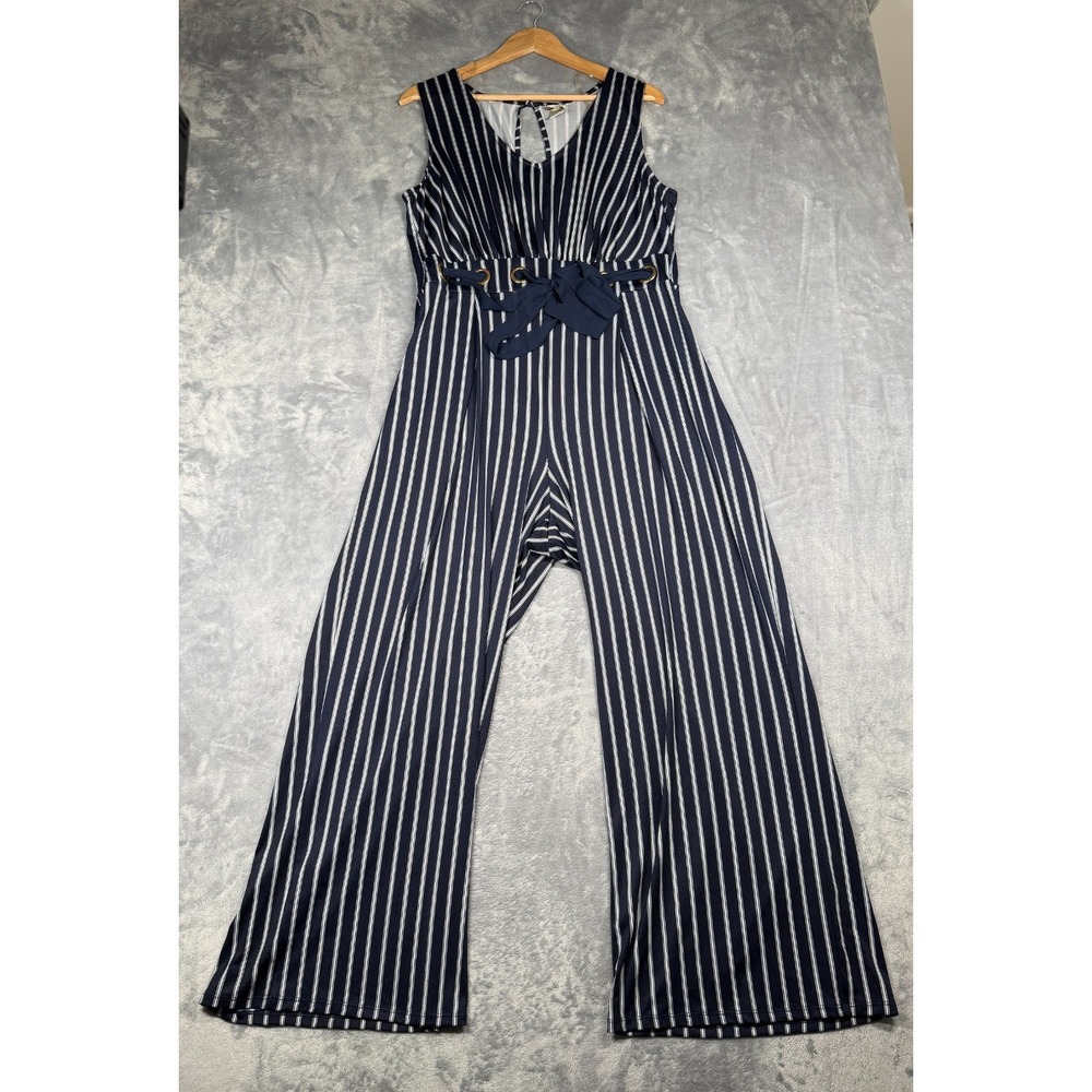 Wrapper Sleeveless Jumpsuit Womens 1X Navy White Striped Tie Waist Detail V-Neck